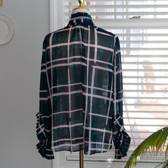 Cabi Cake Ruffle Blouse Style 3948 Plaid Pink Green Size L - Picture 8 of 16